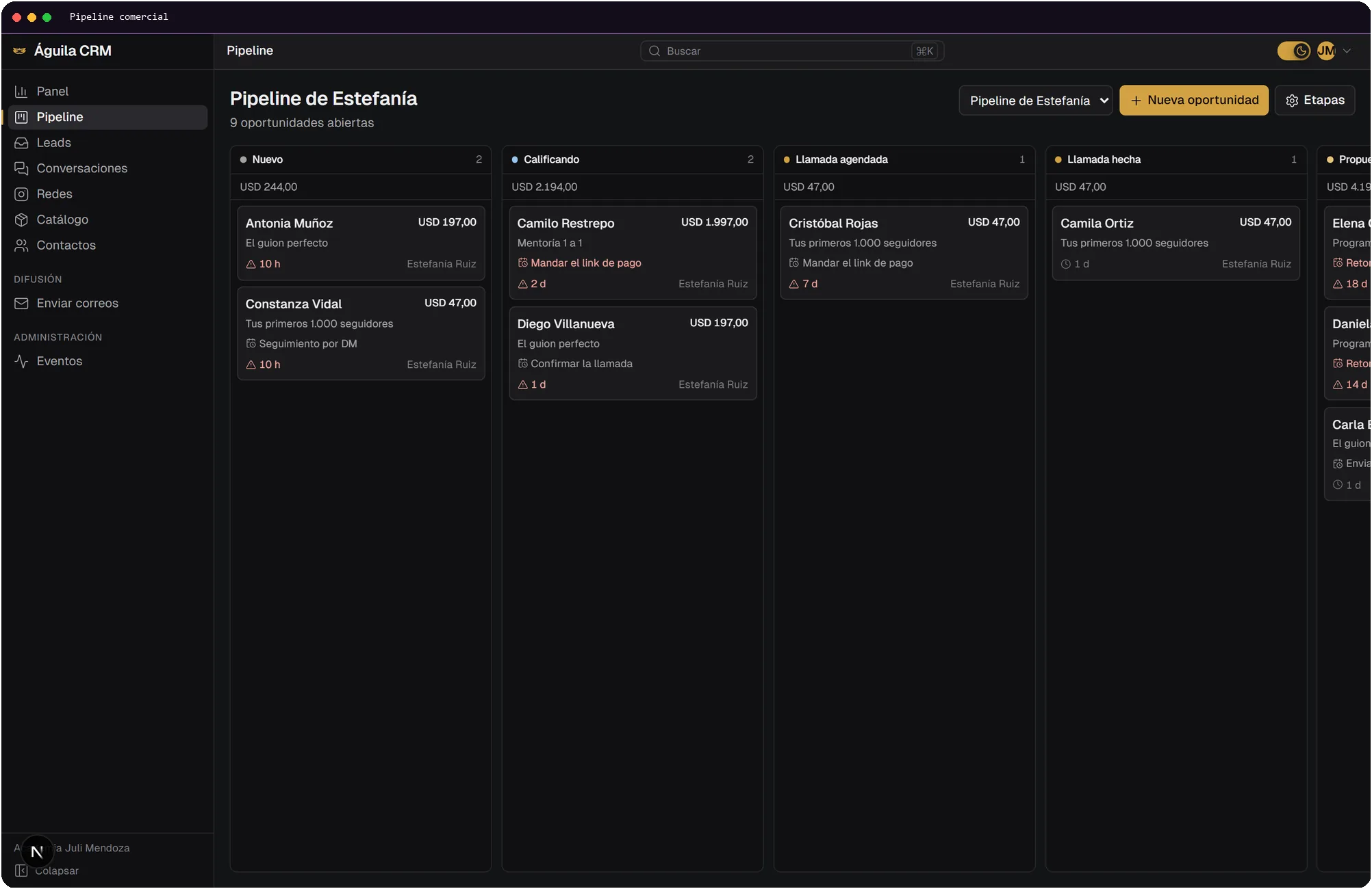 Tablero kanban de un pipeline comercial, con oportunidades por etapa y montos en dólares