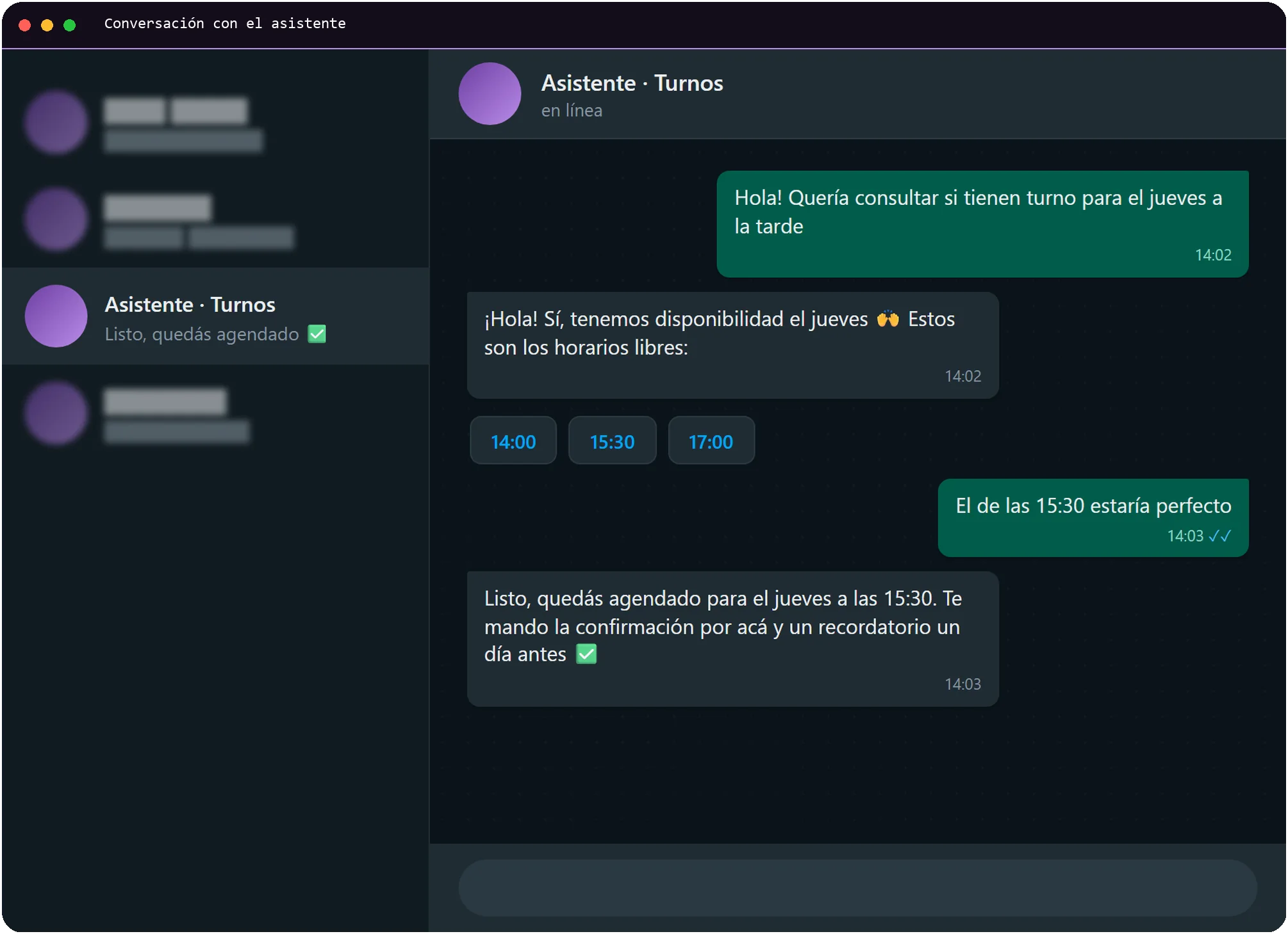 Conversación de ejemplo con un chatbot: consulta de turno disponible, opciones de horario y confirmación de la reserva
